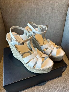 Saint Laurent White Espadrille Wedge Sandals with Knotted Straps